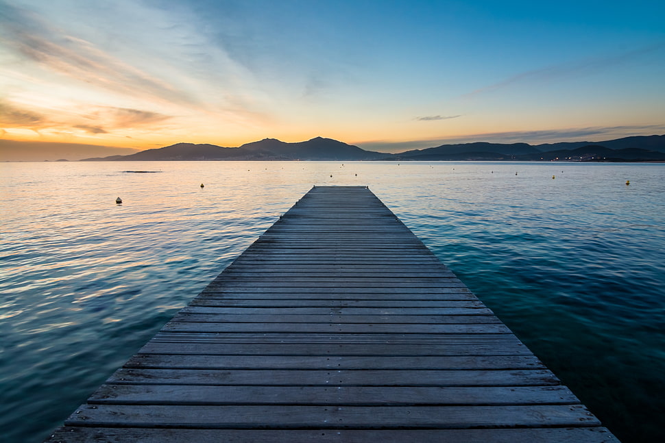 gray wooden dock, sunset, sea, Corsica, pier HD wallpaper