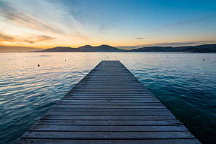 gray wooden dock, sunset, sea, Corsica, pier