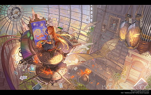 woman painting poster, kaleidoscope, anime, fantasy art, interior