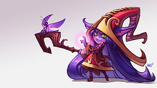 Wizard with purple hair and brown staff game wallpaper