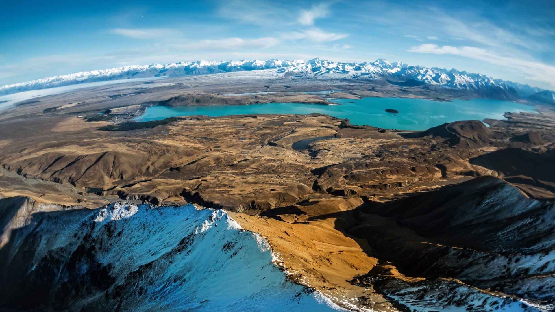 aerial photo of mountain, landscape, New Zealand, Lake Tekapo, mountains