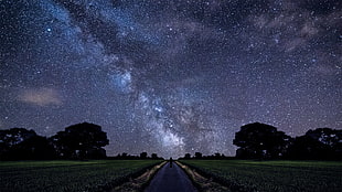 gray concrete road, stars, Milky Way, alone, road