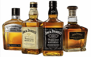 four Jack Daniel's whiskey bottles, Jack Daniel's, drink, alcohol, whiskey