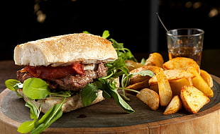 burger with baked potatoes, food, meat, French fries, tomatoes