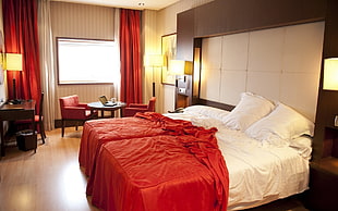 white bed mattress with red bed sheet HD wallpaper