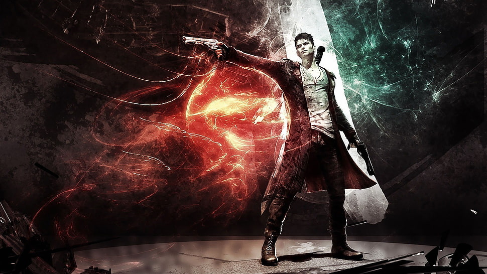 man in red cape illustration, DmC: Devil May Cry, Dante, pistol, video games HD wallpaper