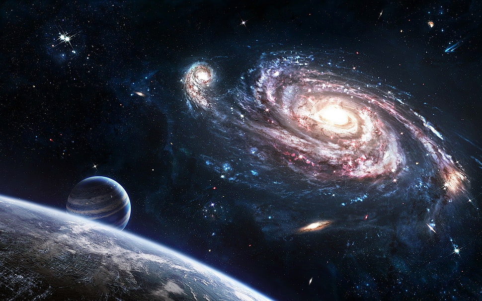 galaxy digital wallpaper, artwork, planet, spiral galaxy, space art HD wallpaper