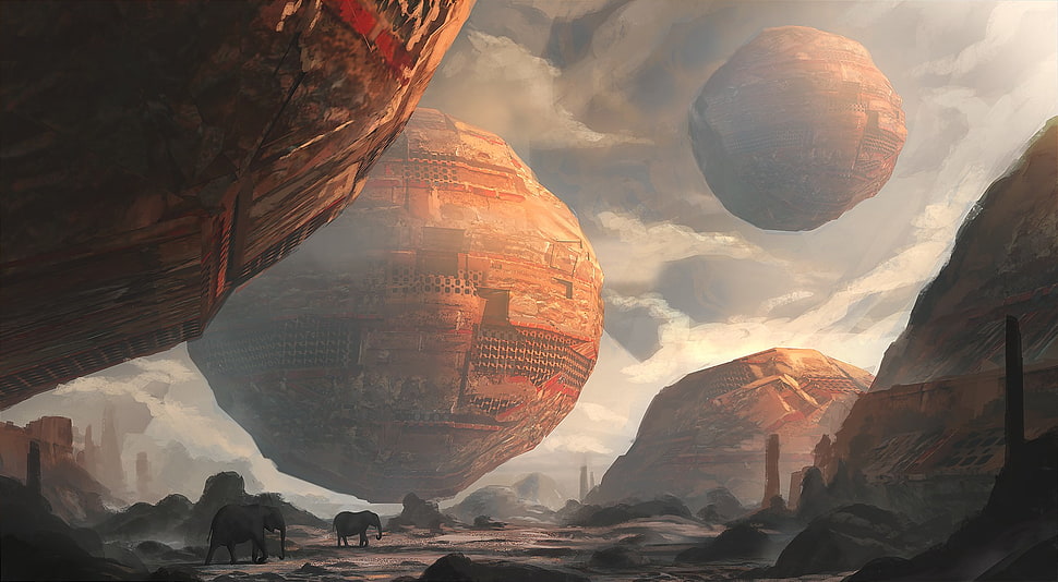 two gray elephants, planet, elephant, artwork, abstract HD wallpaper