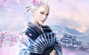 female character holding hand fan surrounded of cherry blossom illustration