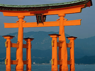 brown temple, torii, Asian architecture, mountains, Japan