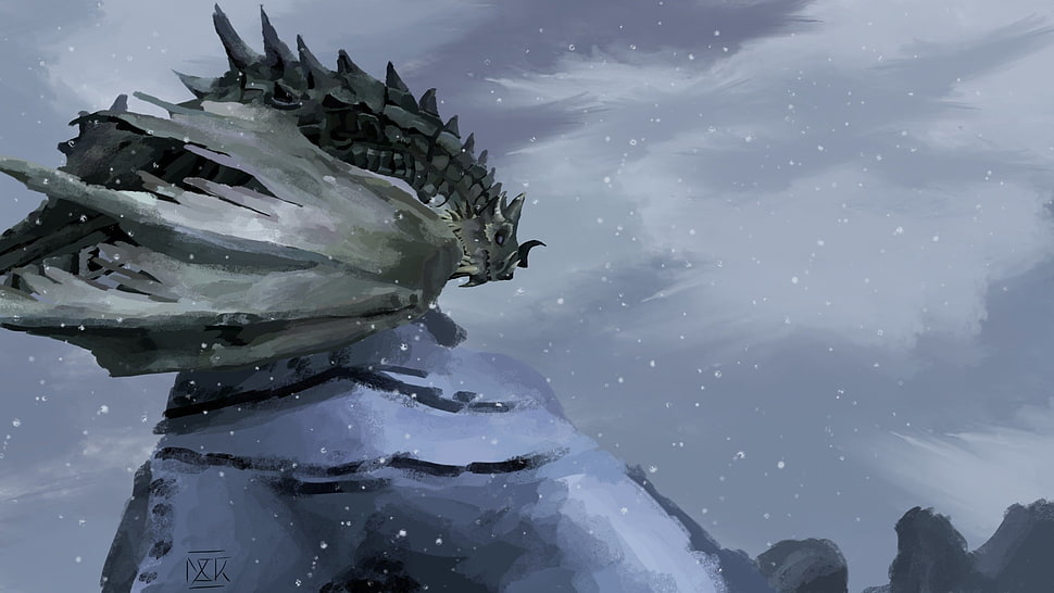 gray dragon digital wallpaper, fantasy art, artwork, dragon, snow HD wallpaper