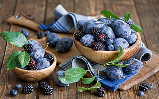 blueberries lot, food, fruit, blackberries, bowls HD wallpaper