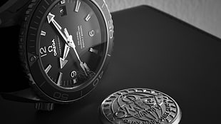 black analog watch on black tabletop HD wallpaper
