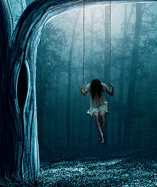 woman on a swing looking down painting HD wallpaper