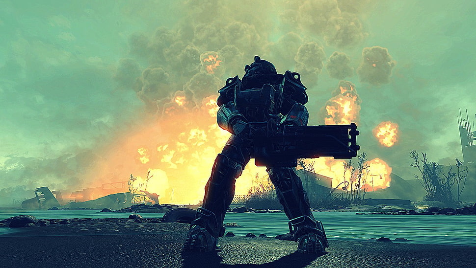 robot holding guttling gun digital wallpaper, Fallout, Fallout 4 HD wallpaper