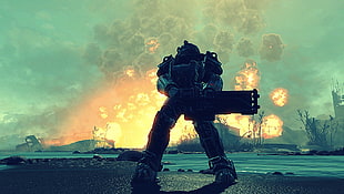 robot holding guttling gun digital wallpaper, Fallout, Fallout 4