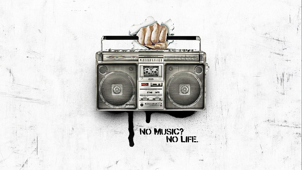 gray boombox illustration with text overlay, artwork, music, typography HD wallpaper