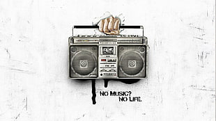gray boombox illustration with text overlay, artwork, music, typography
