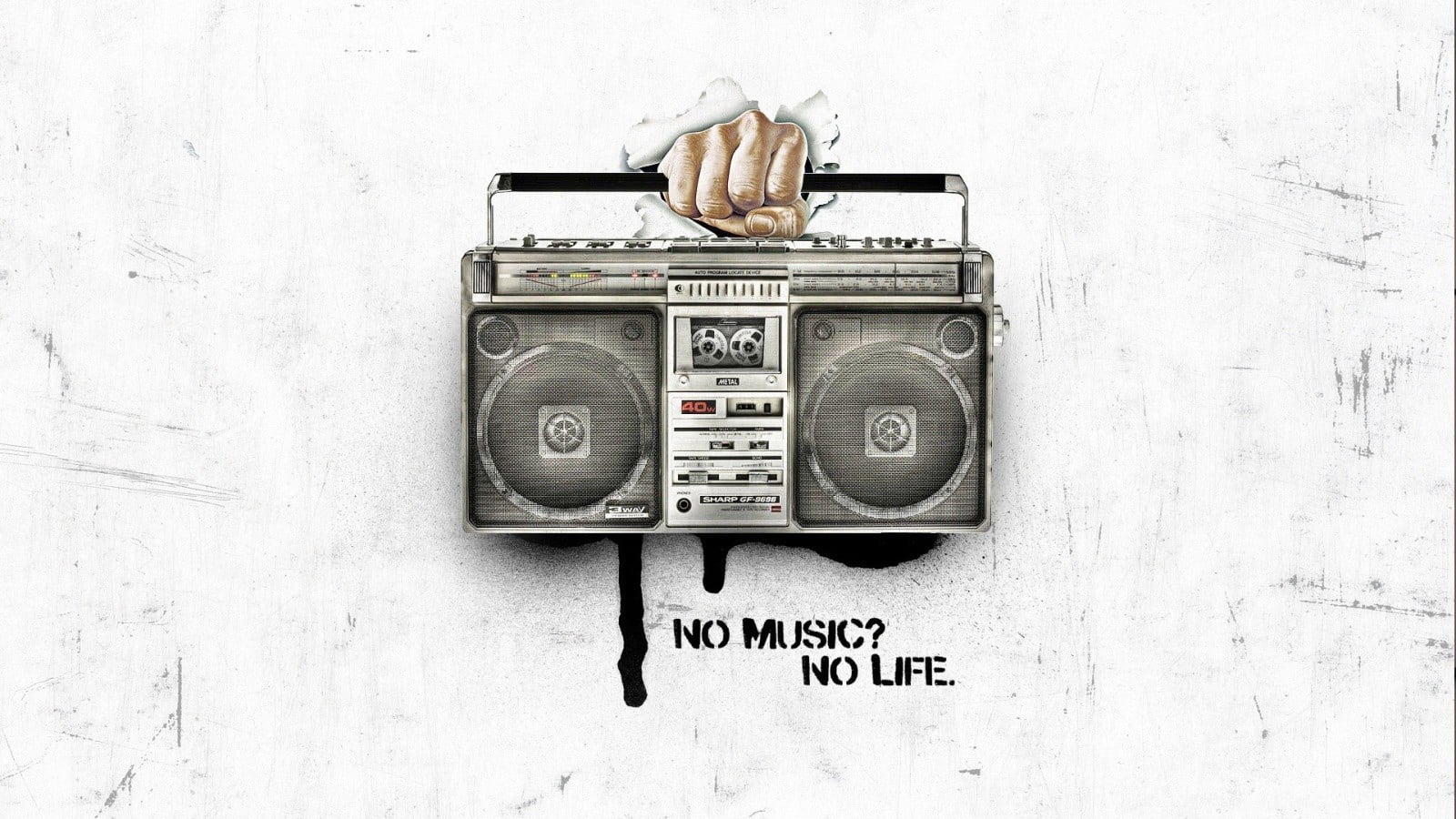 gray boombox illustration with text overlay, artwork, music, typography