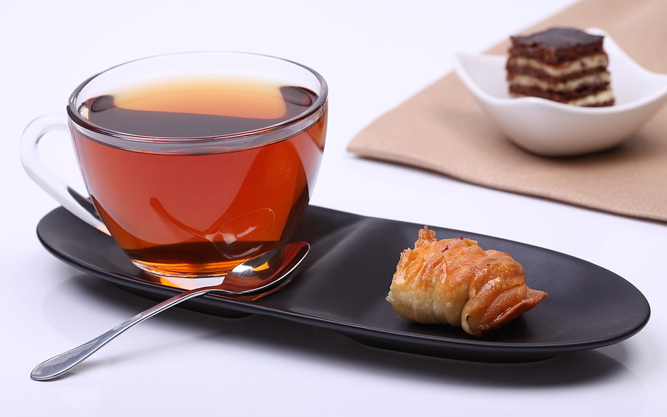 clear glass cup with brown liquid HD wallpaper