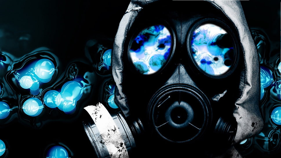 black and blue car steering wheel, gas masks HD wallpaper