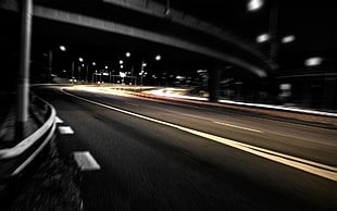 black asphalt road, street, night, road, long exposure HD wallpaper