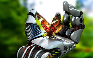 red and orange butterfly, 3D, artwork, butterfly, robot HD wallpaper