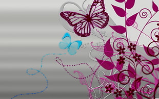 purple butterfly and leaves digital wallpaper