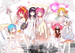 female anime characters, Kaname Madoka, Miki Sayaka, Sakura Kyouko, Mahou Shoujo Madoka Magica HD wallpaper