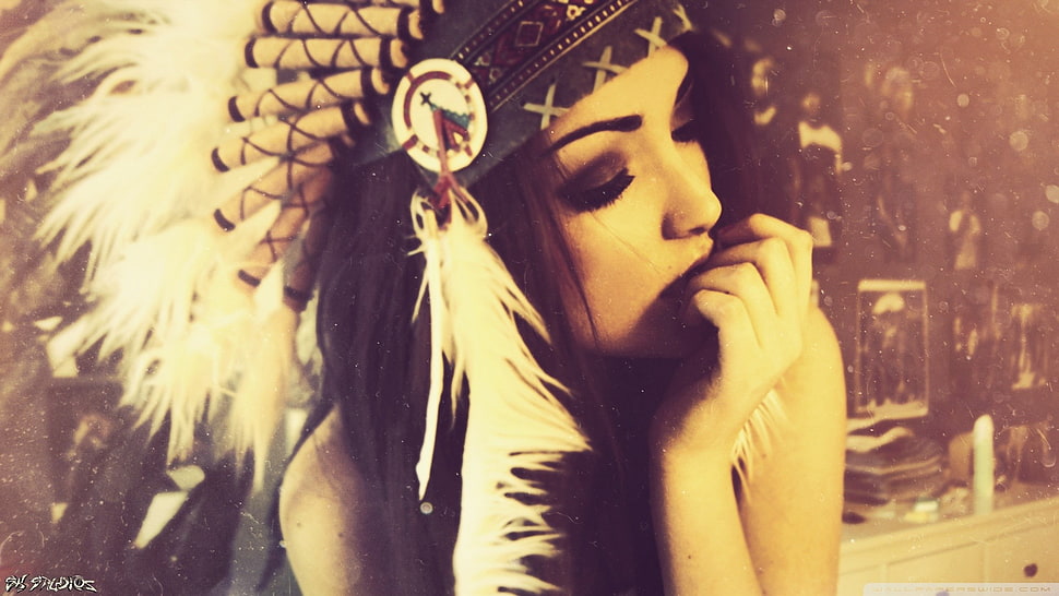 white feather head dress, face HD wallpaper