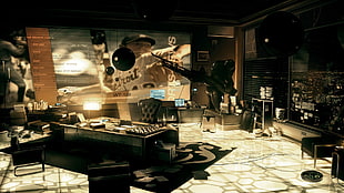 tufted black leather padded chair, Deus Ex: Human Revolution, Deus Ex, cyberpunk, video games