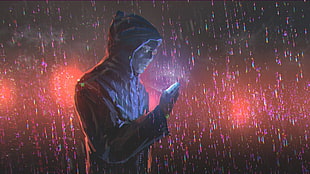 men's gray hoodie, rain, phone, sunglasses, Adrian Retana