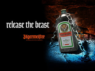 Jagermeister glass bottle with text overlay, Jagermeister, bottles, chains, alcohol