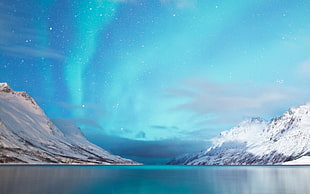body of water digital wallpaper, aurorae, landscape, mountains, snow