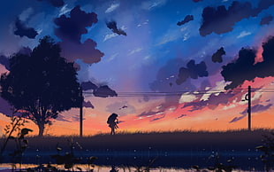 painting of sunset over grass field