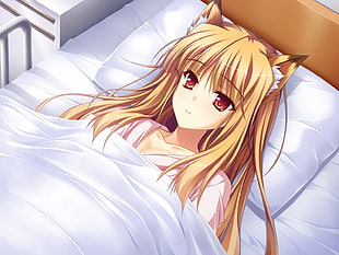 brown haired female anime lying on bed illustration