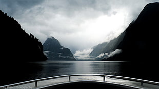 white and black boat with trailer, New Zealand, nature, Milford Sound, lake