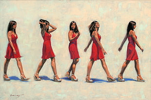 woman wearing red sleeveless dress in walking motion sketch