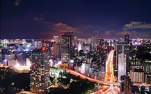 city skyline during nightime, long exposure, cityscape, lights