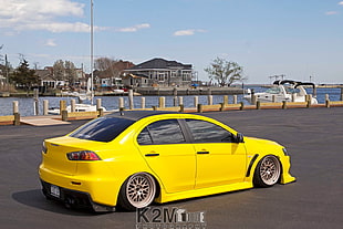 yellow sedan, car, yellow cars, Mitsubishi Lancer Evo X, harbor