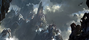 mountain range under gloomy sky digital wallpaper, artwork, digital art