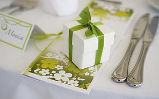 white item box with green ribbon near two stainless steel bread knife