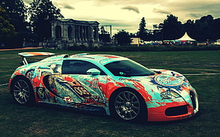 blue and red sports car, Bugatti Veyron, car, filter HD wallpaper