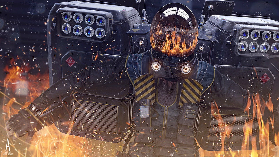 black and blue tactical vest, artwork, digital art, fire, machine HD wallpaper