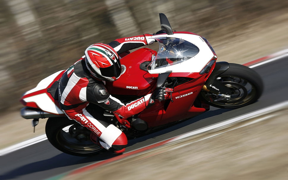 man in black red and white motorcycle suit driving white and black sports motorcycle in race track HD wallpaper