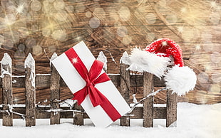 red and white gift box, New Year, snow, fence, presents