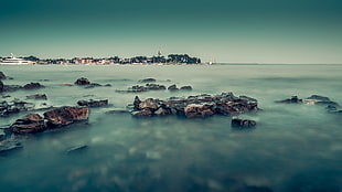 photo of beach, sea, coast, stones, horizon