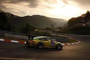 green coupe, car, Porsche, nurburgring, yellow cars