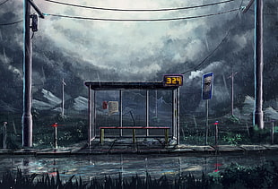 two gray posts, artwork, Sylar, rain, bus stations
