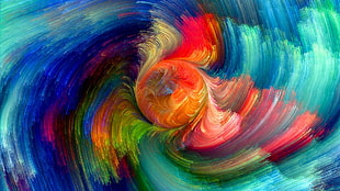 green, red, and blue abstract painting, abstract, colorful, digital art, swirls HD wallpaper
